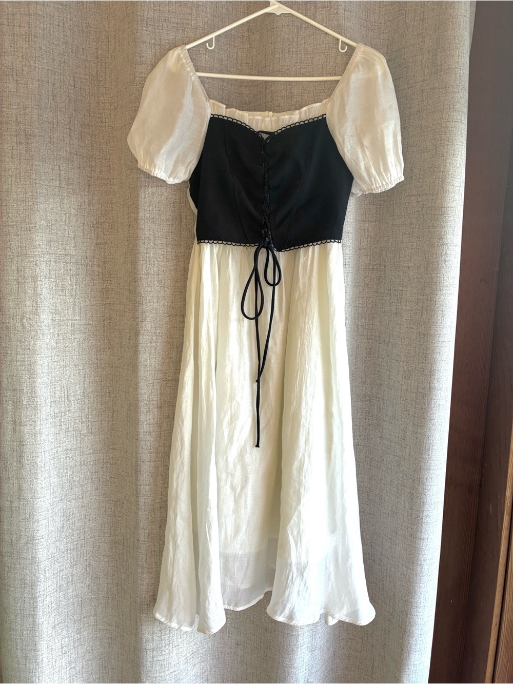 White and Black Puff Sleeve Midi Dress with Corset Bodice